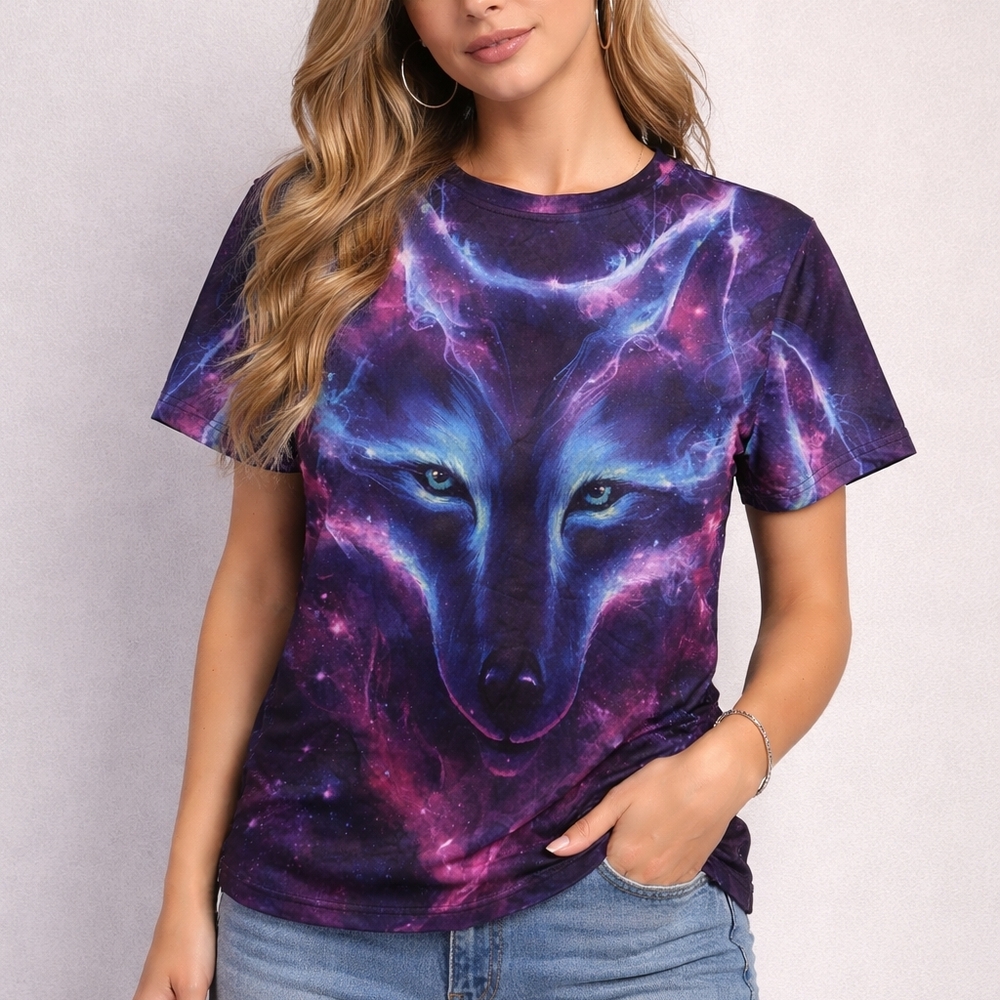 Devin Du Galaxy Wolf Graphic Tee – Size Large – Bold Cosmic Print 🐺